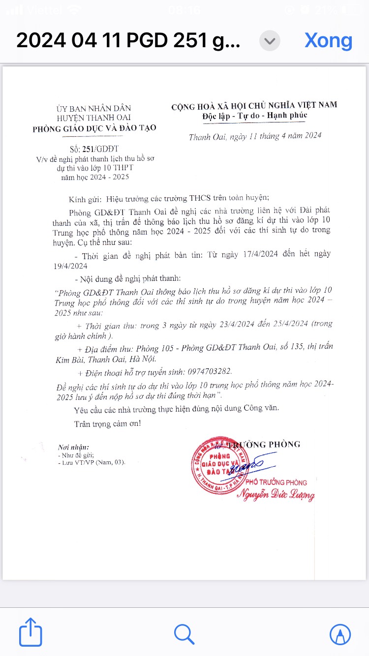 thông báo lịch nộp hồ sơ vào lớp 10 cho các thí sinh tự do